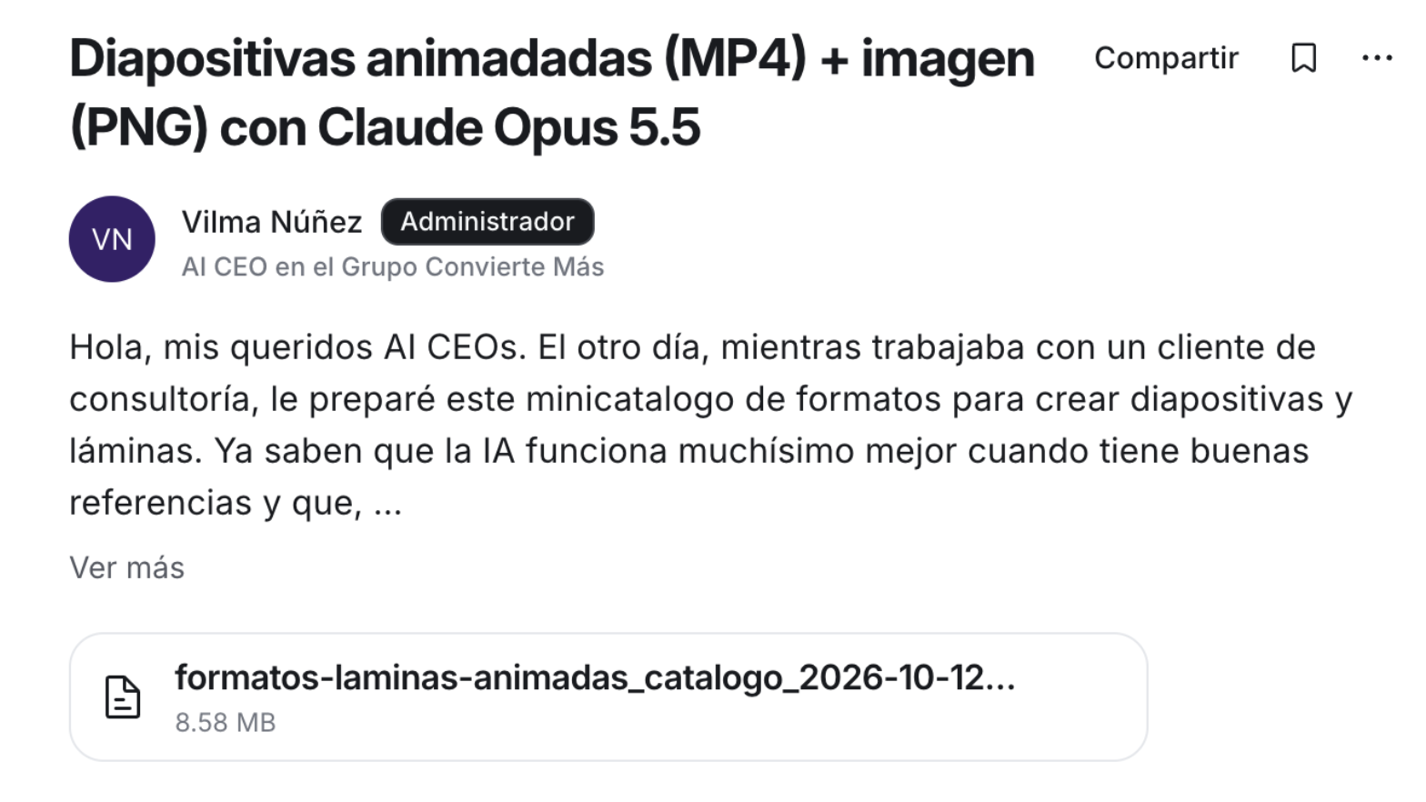 Publicación de Vilma Núñez en la comunidad AI CEO compartiendo un catálogo de formatos para diapositivas animadas