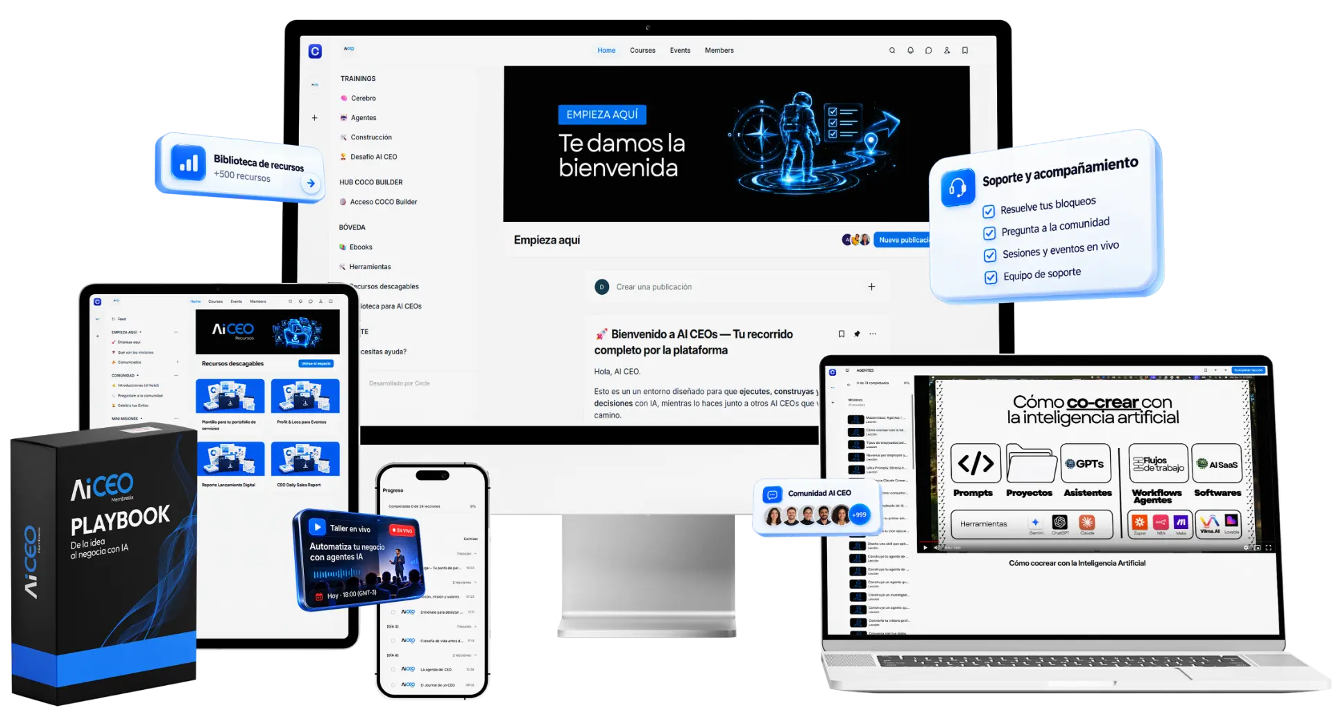 Área de miembros AI CEO en computadora, tablet y móvil